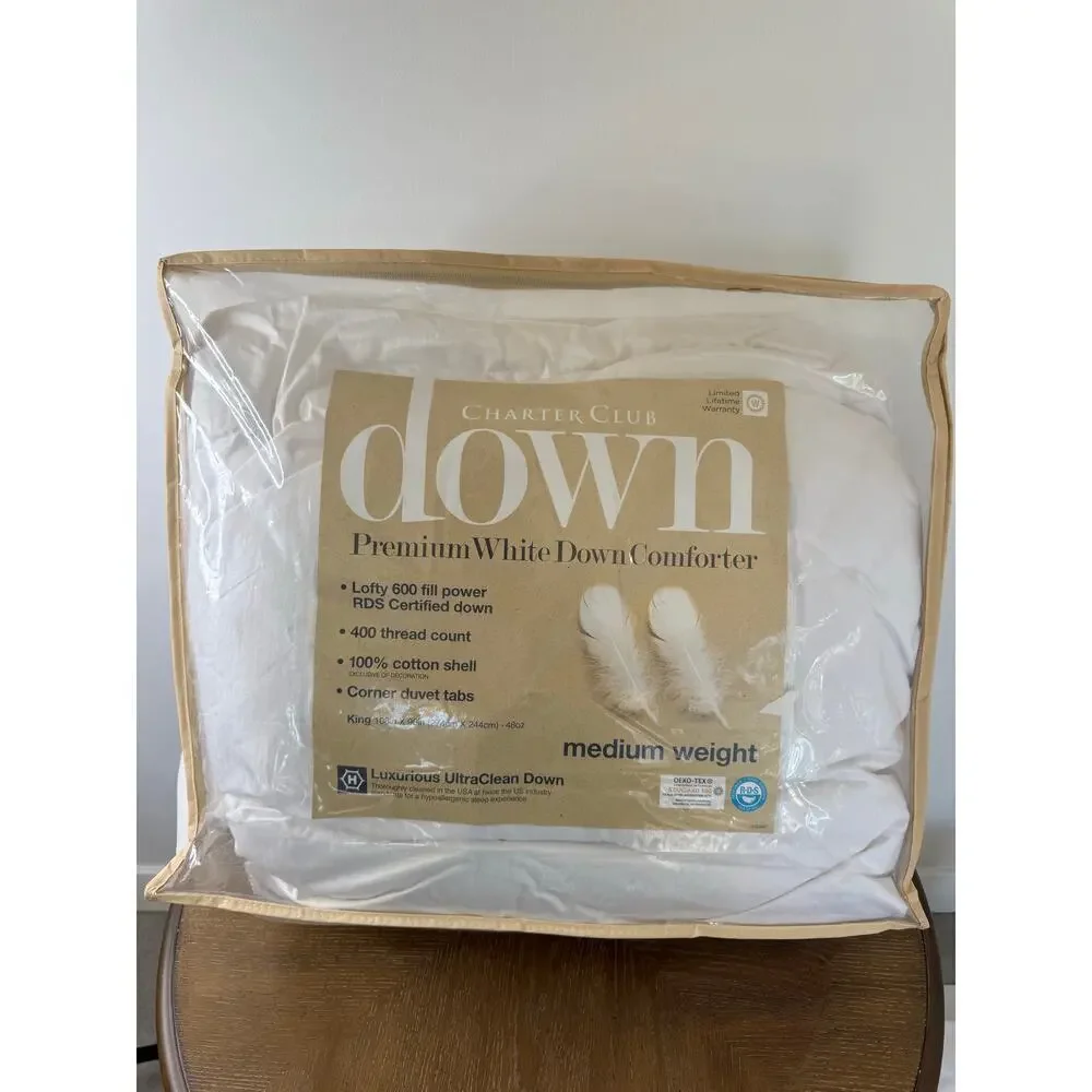 Charter Club Premium White Down Comforter King Medium Weight 600 Fill Power RDS